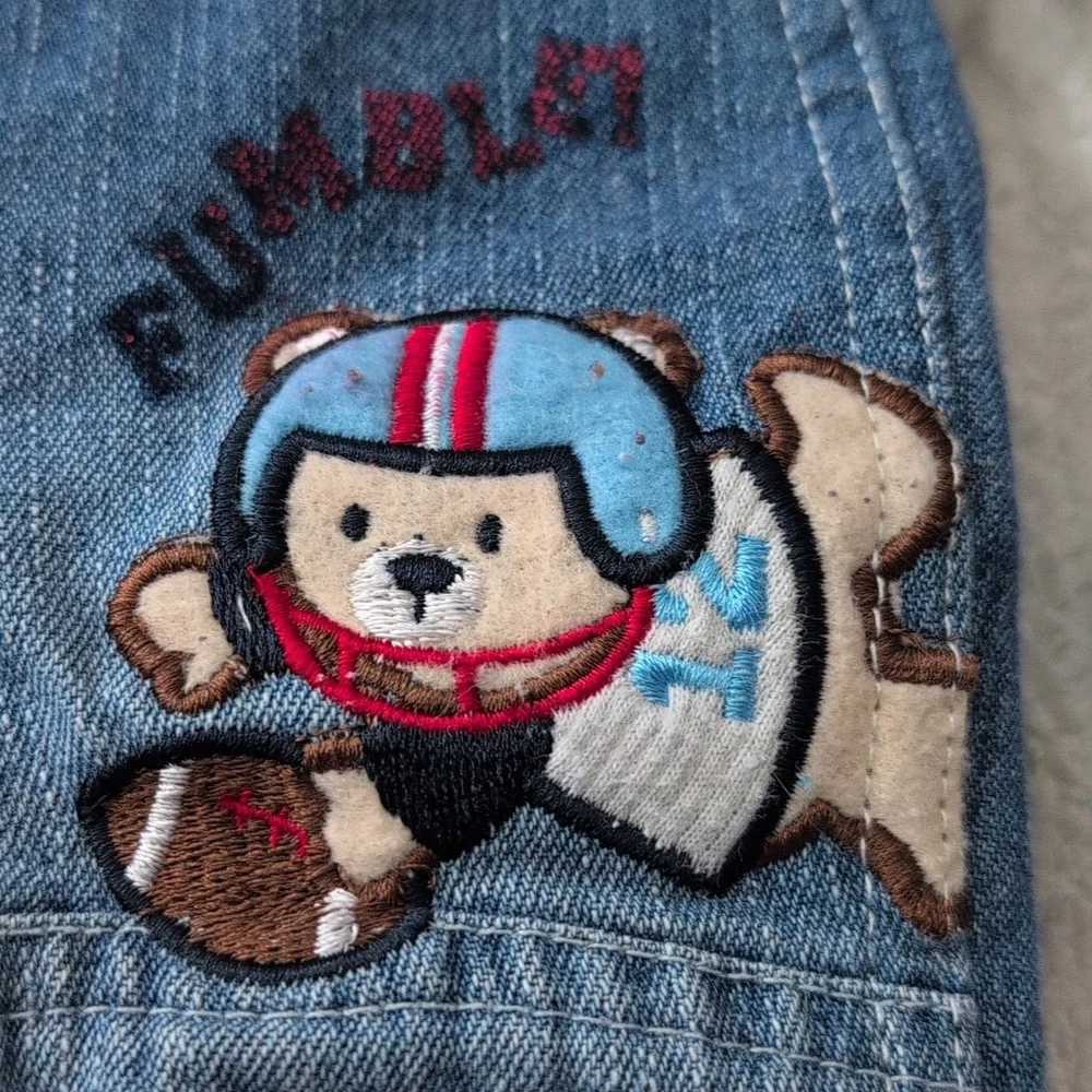 Vintage 90s Infant Embroidered Teddy Bear‎ Football Denim Overalls